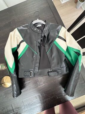 Miaou Black Leather Jacket with Green & Cream Panels
